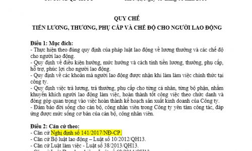 Mẫu quy chế lương thưởng phụ cấp công ty Cổ phần, TNHH